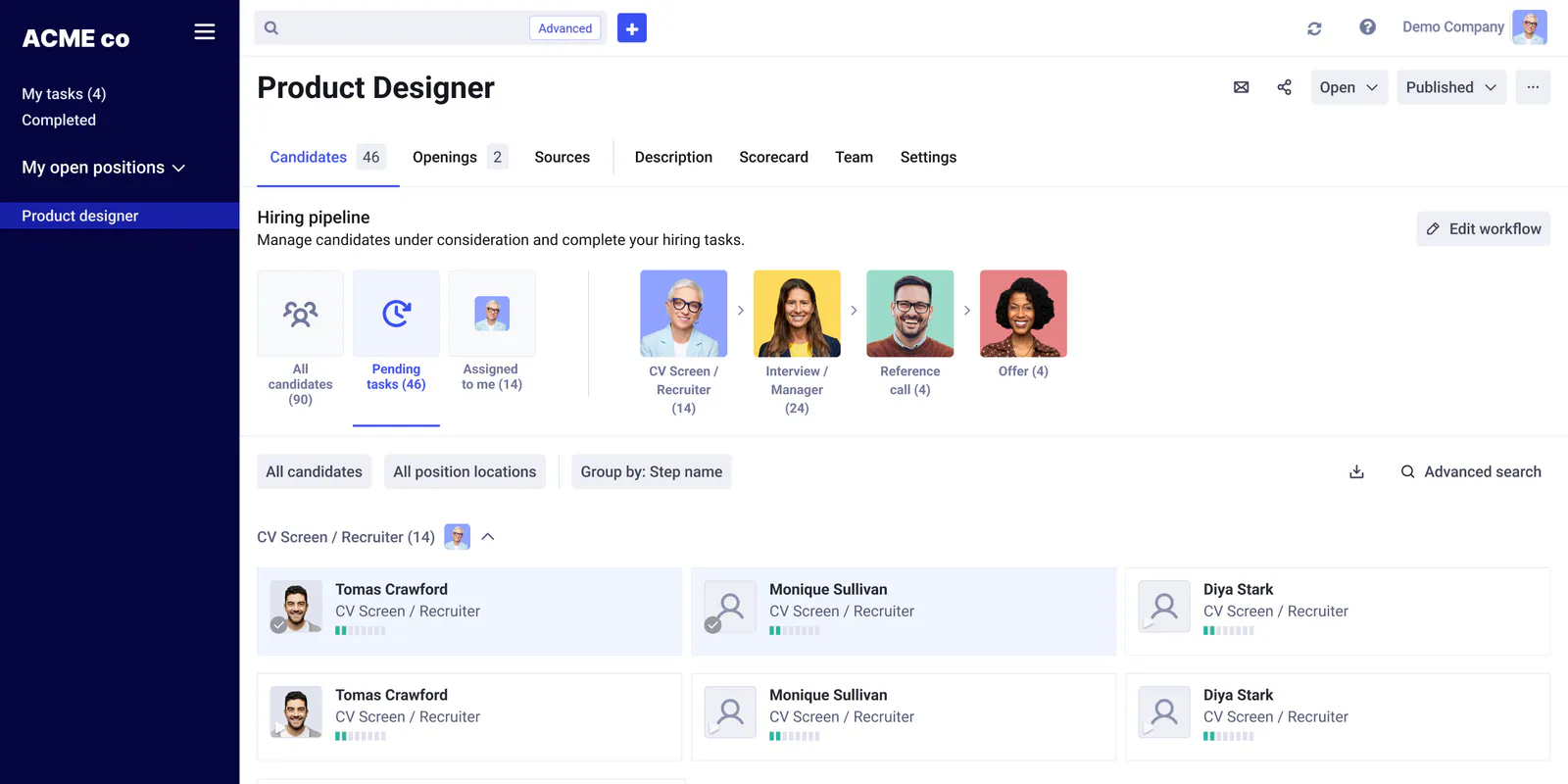 Redesigned Product Designer position page with tabs, a hiring pipeline of task filters and step photos, and candidates grouped by step
