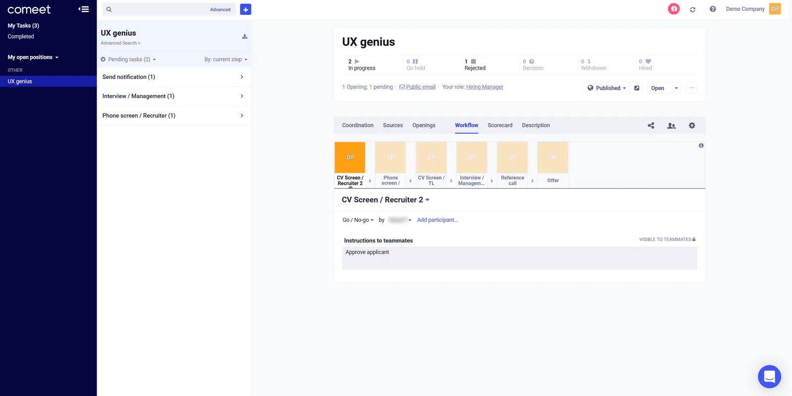 Original UX genius position page: status counters, tabs for coordination, sources, openings and workflow, and step boxes with initials above the step details