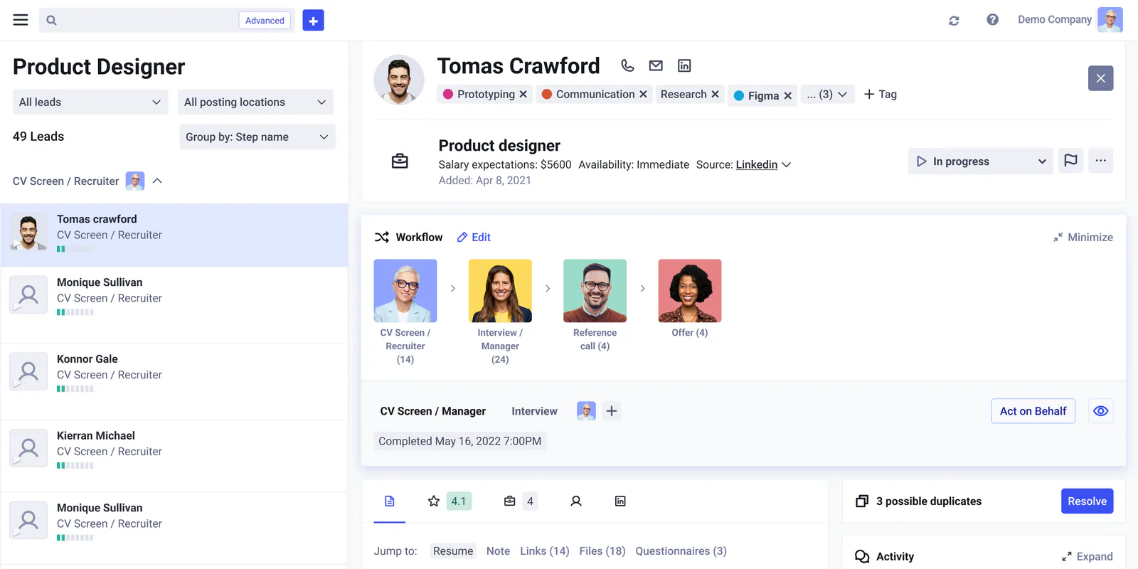 Redesigned candidate profile next to the candidate list, with a header, an expanded workflow card with step photos, tabs, duplicates and activity