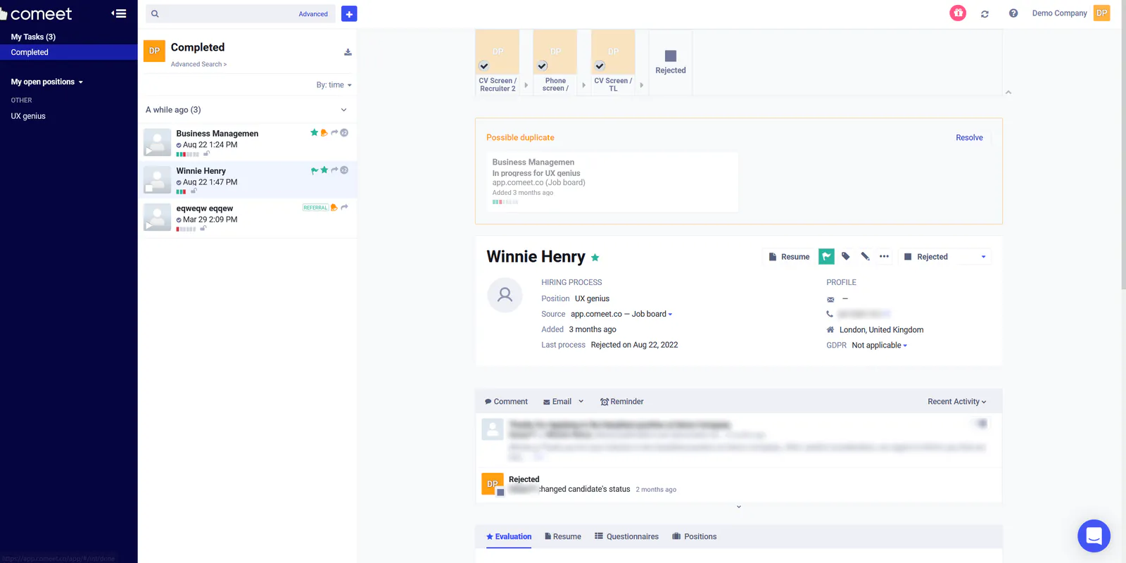Original candidate profile: step boxes and a possible duplicate warning above the name, hiring process and profile details, activity, and tabs at the bottom