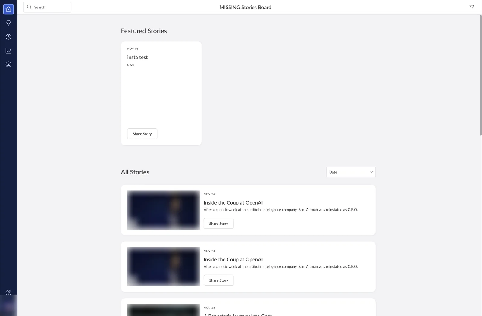 Original Advocacy Board with a dark icon-only sidebar, one featured story and a list of stories