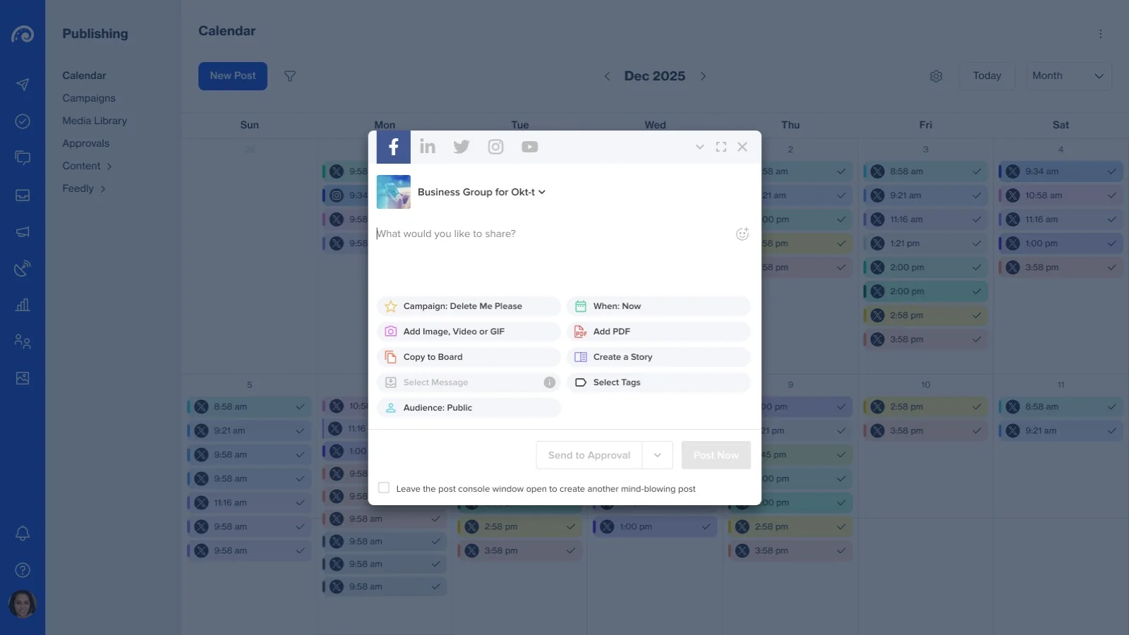 Original compact post editor floating over the publishing calendar with campaign, media and scheduling pills