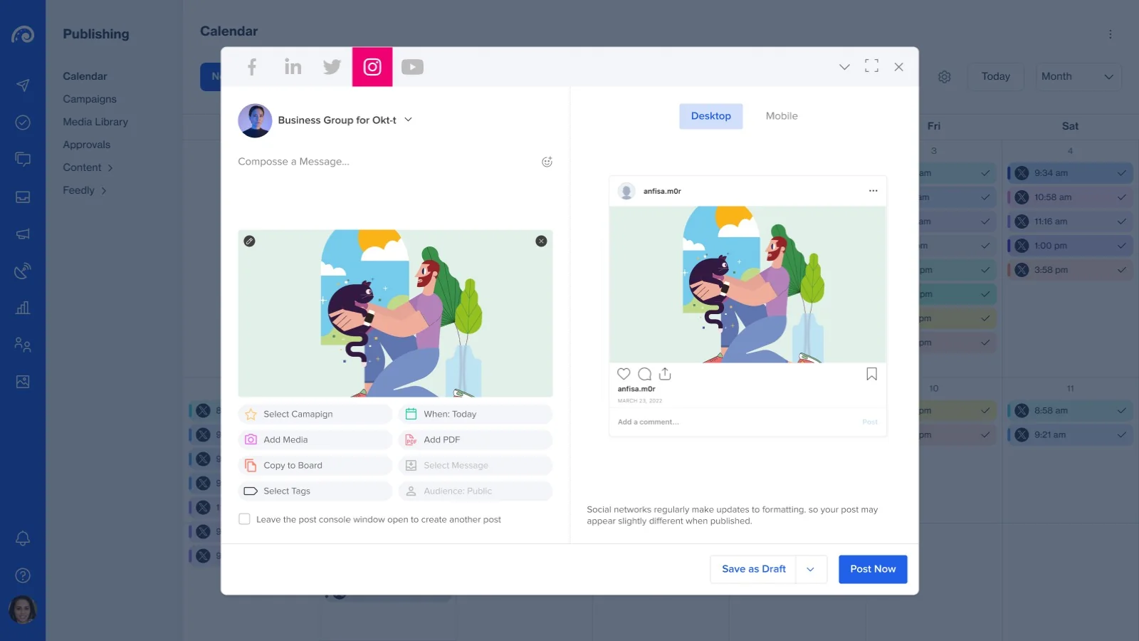 Original full screen post editor with network tabs on top, settings pills below the message and a network preview on the right