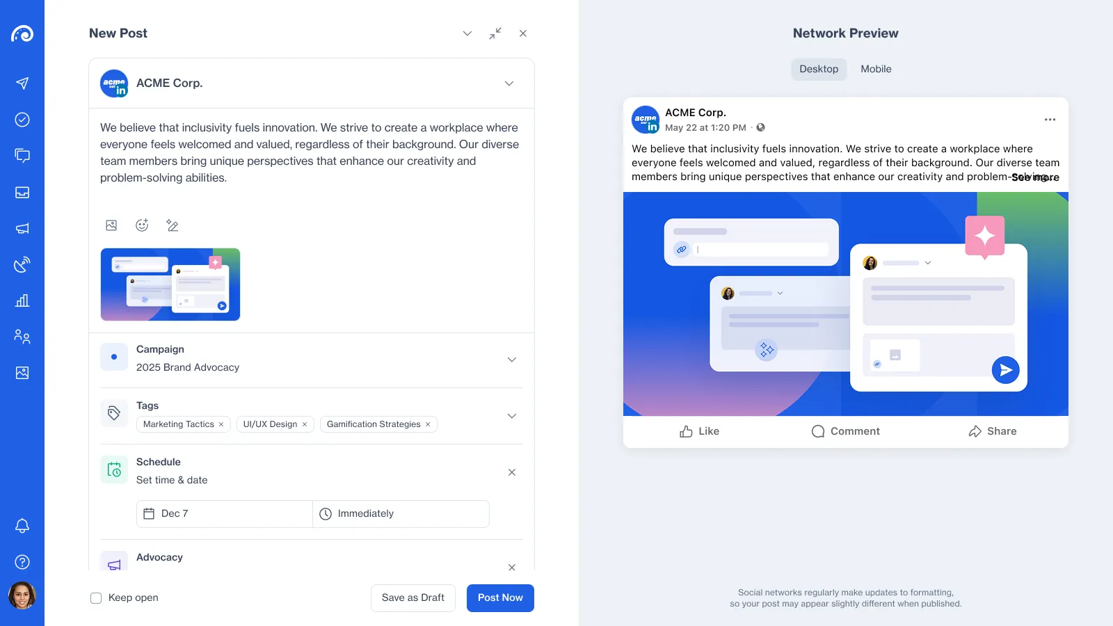 New full screen post editor with message, media, campaign, tags, schedule and advocacy rows on the left and a network preview on the right